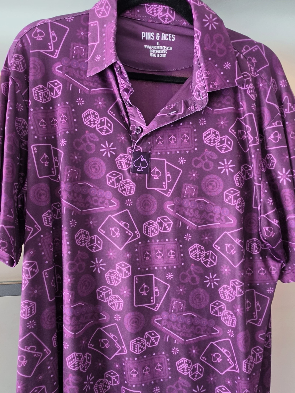 Pins & Aces Men’s Casino-Print Purple Polo